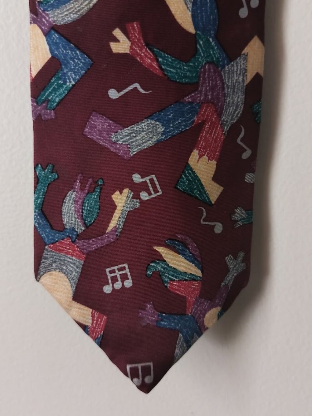 Men's Burgundy Tie with Dancing Figures and Musical Notes 100% silk